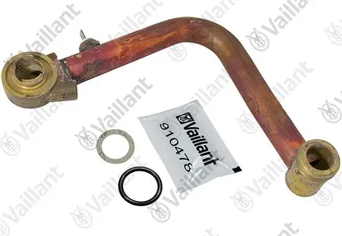 Rohr von Vaillant mit einer gebogenen Form, ausgestattet mit zwei Anschlussbereichen und Dichtungen, neben einem Beutel mit Artikelnummer und zwei Dichtringen.